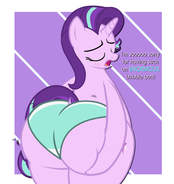 Size: 6862x7275 | Tagged: suggestive, alternate version, artist:duskyzombie, derpibooru import, starlight glimmer, pony, unicorn, blushing, butt, butt grab, butt touch, clothes, derpibooru exclusive, dialogue, eyes closed, female, glimmer glutes, grope, image, large butt, mare, open mouth, plot, png, self grope, simple background, solo, squishy, the ass was fat, underwear