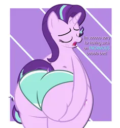 Size: 6862x7275 | Tagged: suggestive, alternate version, artist:duskyzombie, derpibooru import, starlight glimmer, pony, unicorn, blushing, butt, butt grab, butt touch, clothes, derpibooru exclusive, dialogue, eyes closed, female, glimmer glutes, grope, image, large butt, mare, open mouth, plot, png, self grope, simple background, solo, squishy, the ass was fat, underwear