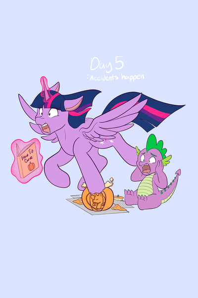 Size: 1365x2048 | Tagged: safe, artist:mscolorsplash, derpibooru import, spike, twilight sparkle, twilight sparkle (alicorn), alicorn, dragon, pony, blue background, book, duo, duo male and female, female, halloween, holiday, image, jack-o-lantern, male, mare, png, ponytober, pumpkin, simple background, sternocleidomastoid, tripping