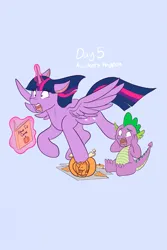 Size: 1365x2048 | Tagged: safe, artist:mscolorsplash, derpibooru import, spike, twilight sparkle, twilight sparkle (alicorn), alicorn, dragon, pony, blue background, book, duo, duo male and female, female, halloween, holiday, image, jack-o-lantern, male, mare, png, ponytober, pumpkin, simple background, sternocleidomastoid, tripping