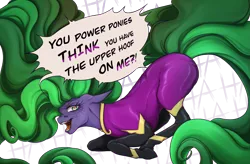 Size: 2511x1650 | Tagged: safe, alternate version, artist:crypkit, derpibooru import, mane-iac, earth pony, pony, commission, face down ass up, image, implied power ponies, laughing, png, simple background, solo, speech bubble, transparent background