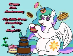 Size: 2500x1933 | Tagged: safe, artist:puffydearlysmith, derpibooru import, princess celestia, alicorn, pony, belly, belly button, big belly, cake, cakelestia, chubbylestia, donut, fat, female, food, glow, glowing horn, horn, horn impalement, image, mare, messy eating, mlp fim's thirteenth anniversary, pie, png, stuffed belly