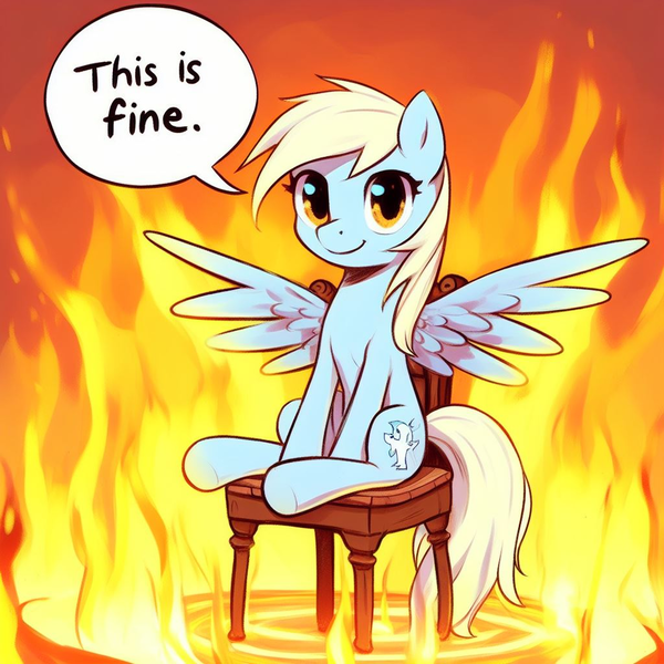 Size: 1024x1024 | Tagged: safe, derpibooru import, machine learning generated, derpy hooves, ai content, fire, generator:dall-e 3, image, png, this is fine