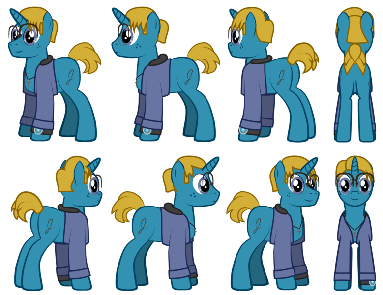 Size: 1477x1137 | Tagged: safe, artist:j-yoshi64, derpibooru import, oc, oc:j-pony64, ponified, unofficial characters only, human, pony, unicorn, blonde hair, blue coat, clothes, cross, cross necklace, denim, denim jacket, front view, glasses, hood, human in equestria, image, jacket, jewelry, long sleeves, male, necklace, png, self insert, show accurate, side view, simple background, solo, stallion, three quarter view, transparent background, turnaround, vector, watch, wristwatch