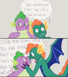 Size: 1920x2177 | Tagged: safe, artist:mythicalartist_, derpibooru import, spike, oc, oc:emziko, dragon, 2 panel comic, boop, canon x oc, comic, dialogue, dragoness, exclamation point, female, image, male, noseboop, older, older spike, png, shipping, speech bubble, spiko, spread wings, straight, wings