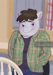 Size: 2480x3508 | Tagged: safe, artist:mythicalartist_, derpibooru import, truffle shuffle, anthro, blushing, commission, hand in pocket, high res, image, kevin james, looking at you, male, meme, plaid, png, ponified meme, shrug, signature, smiling, smiling at you, solo, the king of queens