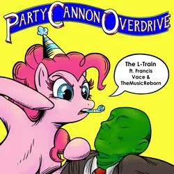 Size: 4000x4000 | Tagged: safe, artist:aliwoodruff, derpibooru import, pinkie pie, oc, oc:anon, earth pony, human, pony, absurd resolution, duo, female, hat, image, mare, parody, party hat, party horn, png, punch, simple background, song cover, speech bubble, yellow background