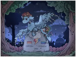 Size: 1280x960 | Tagged: semi-grimdark, artist:binibean, derpibooru import, rainbow dash, pegasus, pony, undead, zombie, zombie pony, bone, gravestone, graveyard, image, looking at you, png, smiling, smiling at you, solo