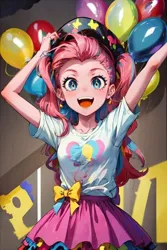Size: 720x1080 | Tagged: semi-grimdark, suggestive, derpibooru import, pinkie pie, human, equestria girls, anime, anime style, breasts, busty pinkie pie, female, grimcute, happy, hug, human coloration, image, jpeg, looking at you, smiling, solo, solo female, space hopper