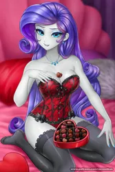Size: 900x1350 | Tagged: suggestive, artist:racoonsan, color edit, derpibooru import, edit, editor:drakeyc, rarity, equestria girls, bare shoulders, beautiful, beautisexy, box of chocolates, breasts, busty rarity, candy, chocolate, cleavage, clothes, colored, corset, cute, female, food, grin, holiday, image, kneeling, lingerarity, lingerie, lip bite, looking at you, png, sexy, skin color edit, sleeveless, smiling, smiling at you, socks, solo, solo female, stocking feet, stockings, strapless, stupid sexy rarity, thigh highs, valentine's day