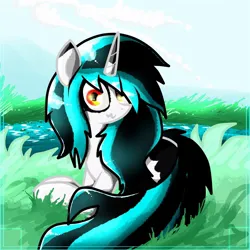 Size: 1024x1024 | Tagged: safe, artist:glazebittersweet, derpibooru import, oc, oc:evening lake, pony, unicorn, amber eyes, blank flank, detailed background, female, fluffy mane, grass, grass field, horn, image, jpeg, lake, mare, orange eyes, river, sky, spots, spotted, unicorn oc, water