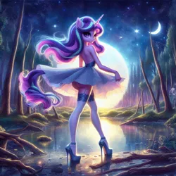Size: 1024x1024 | Tagged: suggestive, derpibooru import, machine learning generated, starlight glimmer, anthro, ai content, ass, butt, clothes, cute, dress, female, forest, garter belt, high heels, horn, image, jpeg, looking at you, looking back, looking back at you, moon, outdoors, pond, rear view, roots, shoes, skirt, skirt lift, sleeveless, sleeveless dress, socks, solo, solo female, standing, stars, stockings, thigh highs, tree, water