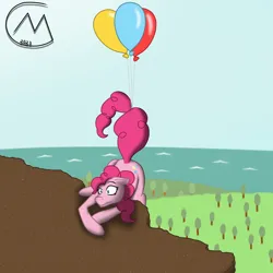 Size: 3200x3200 | Tagged: safe, artist:maître cervidé, derpibooru import, pinkie pie, balloon, cliff, forest, image, ocean, png, signature, tree, water