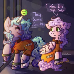Size: 2048x2048 | Tagged: safe, artist:starfish, derpibooru import, izzy moonbow, pipp petals, pony, g5, ball, bound wings, chained, chains, clothes, cuffed, cuffs, image, izzy's tennis ball, jail, jail cell, jpeg, never doubt rainbowdash69's involvement, prison, prison outfit, prisoner, prisoner im, shackles, tennis ball, text, wings