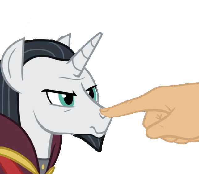 Size: 644x563 | Tagged: safe, artist:decokenite, derpibooru import, edit, chancellor neighsay, pony, unicorn, angry, beard, boop, chancellor neighsay is not amused, clothes, facial hair, glare, goatee, hand, image, male, png, robe, simple background, stallion, unamused, white background
