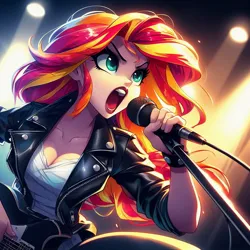 Size: 1024x1024 | Tagged: safe, derpibooru import, machine learning generated, sunset shimmer, human, equestria girls, ai content, clothes, derpibooru exclusive, electric guitar, generator:dall-e 3, guitar, human coloration, image, jacket, jpeg, leather, leather jacket, microphone, musical instrument, prompter:siber, singing, solo, spotlight