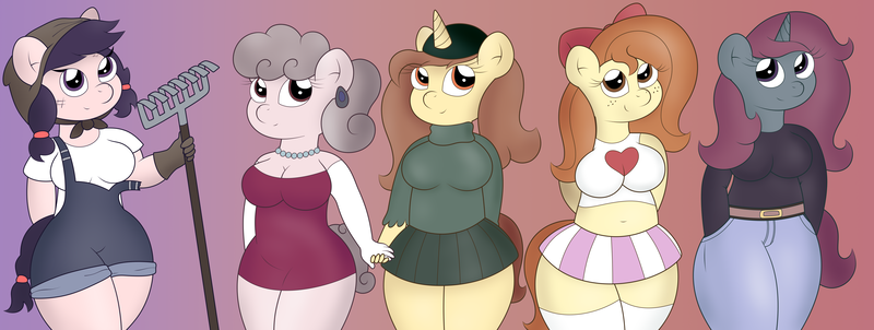 Size: 6759x2550 | Tagged: safe, artist:sparkfler85, derpibooru import, oc, oc:flani bainilye, oc:hyamiatya, oc:hymyt, oc:miekka, oc:sokerilasi, unofficial characters only, anthro, earth pony, pony, unicorn, belly button, belt, big breasts, bow, breasts, cleavage, clothes, denim, derpibooru exclusive, dress, ear piercing, earring, female, freckles, gloves, gradient background, hair bow, hands together, hat, image, jeans, jewelry, long gloves, necklace, overalls, pants, pearl necklace, piercing, png, ponytail, rake, shirt, skirt, sleeveless, slightly chubby, smiling, socks, stockings, sweater, thigh highs, torn clothes