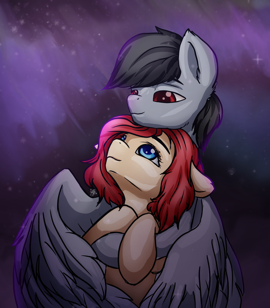 Size: 3510x4000 | Tagged: safe, artist:erie takagi, derpibooru import, oc, oc:erie takagi, oc:triggerblow, unofficial characters only, earth pony, pegasus, pony, aurora borealis, cloud, duo, flying, hug, image, lidded eyes, png, stars