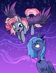 Size: 1024x1331 | Tagged: safe, artist:not-ordinary-pony, derpibooru import, princess luna, starsong, g3, derpibooru exclusive, duo, g4, image, mlp fim's thirteenth anniversary, night, png, s1 luna, smiling