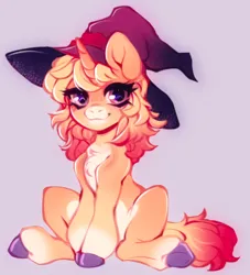 Size: 1860x2048 | Tagged: safe, artist:cabbage-arts, derpibooru import, oc, unofficial characters only, pony, unicorn, chest fluff, hat, image, jpeg, looking at you, sitting, smiling, solo, underhoof, witch hat