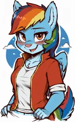 Size: 1024x1664 | Tagged: safe, derpibooru import, machine learning generated, rainbow dash, semi-anthro, ai content, clothes, derpibooru exclusive, image, looking at you, png, prompter:darbarri, simple background, solo, species swap, white background