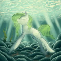 Size: 3000x3000 | Tagged: safe, artist:comickit, artist:dmc4everucci, derpibooru import, oc, oc:and the rainfall, unofficial characters only, earth pony, pony, crepuscular rays, eyes closed, high res, image, png, smiling, solo, underwater, water