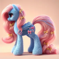 Size: 1024x1024 | Tagged: safe, machine learning generated, ponerpics import, ponybooru import, pegasus, pony, g1, ai content, bing, bow, bow tie (g1), female, fluffy, generation leap, hair bow, image, jpeg, mare, race swap, solo, tail bow