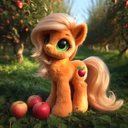 Size: 1024x1024 | Tagged: safe, machine learning generated, ponerpics import, ponybooru import, applejack, earth pony, pony, ai content, alternate cutie mark, apple, apple tree, bing, female, filly, filly applejack, fluffy, foal, food, image, jpeg, semi-realistic, sweet apple acres, tree, younger