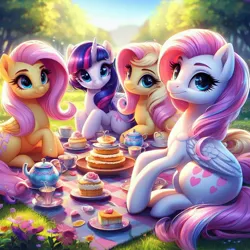 Size: 1024x1024 | Tagged: safe, machine learning generated, ponerpics import, ponybooru import, fluttershy, twilight sparkle, oc, pegasus, pony, ai content, alternate cutie mark, bing, cake, female, flower, food, image, jpeg, looking at you, mare, smiling, smiling at you, tea party, teapot