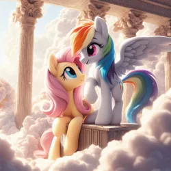 Size: 1024x1024 | Tagged: safe, machine learning generated, ponerpics import, ponybooru import, fluttershy, rainbow dash, pegasus, pony, ai content, alternate cutie mark, anatomically incorrect, bing, cloudsdale, female, image, incorrect leg anatomy, jpeg, looking at each other, mare