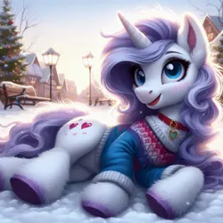 Size: 1024x1024 | Tagged: safe, machine learning generated, ponerpics import, ponybooru import, oc, unofficial characters only, pony, unicorn, ai content, bench, bing, clothes, female, heart, horn, image, jpeg, lying on the ground, mare, smiling, snow, solo, sweater, tree, unicorn oc, unshorn fetlocks, winter, winter outfit