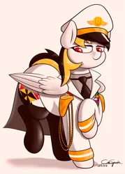 Size: 2000x2800 | Tagged: safe, artist:cdrspark, derpibooru import, oc, oc:spark apocalypse, unofficial characters only, pegasus, pony, cap, clothes, female, hat, image, lidded eyes, military uniform, overcoat, pegasus oc, png, red eyes, remastered, rubber boots, solo, uniform, wings