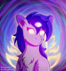 Size: 1296x1403 | Tagged: safe, artist:autumnsfur, derpibooru import, oc, oc:glitter stone, unofficial characters only, earth pony, pony, abstract, abstract art, awakening, bust, chest fluff, earth pony oc, eye clipping through hair, eyelashes, female, glow, glowing eyes, glowing wings, gray coat, grey fur, hair over one eye, image, long hair, long mane, looking at someone, looking at something, mare, modern art, no mouth, png, purple hair, purple mane, signature, simple background, solo, third eye, white eyes, wings