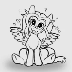 Size: 900x900 | Tagged: safe, artist:mr.catfish, derpibooru import, oc, unofficial characters only, pegasus, pony, black and white, blushing, cute, cute face, cute smile, gray background, grayscale, heart, image, looking at you, monochrome, pegasus oc, png, simple background, sitting, sketch, solo, spread wings, stars, wings