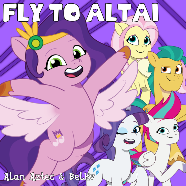 Size: 1280x1280 | Tagged: safe, artist:edy_january, artist:prixy05, derpibooru import, fluttershy, hitch trailblazer, pipp petals, rarity, zipp storm, earth pony, pegasus, pony, g5, my little pony: tell your tale, alan aztec, album, album cover, album parody, belkv, fly to altai (song), group, hardbass, image, music, parody, png, purple background, simple background, song, song reference, vector used, youtube, youtube link