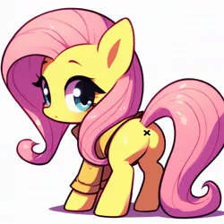 Size: 1024x1024 | Tagged: safe, derpibooru import, machine learning generated, fluttershy, pony, ai content, anus, butt, chibi, clothes, female, generator:dall-e 3, image, jpeg, mare, nudity, plot, prompter:nebbie, shirt, simple background, simplistic anus, solo, white background, wingless