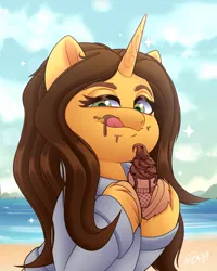 Size: 2400x3000 | Tagged: safe, artist:rivin177, derpibooru import, oc, oc:brooke, pony, unicorn, beach, clothes, commission, food, holding, horn, ice cream, ice cream cone, image, png, raised hoof, sand, scenery, sky, sweater, tongue out, ych result, your character here