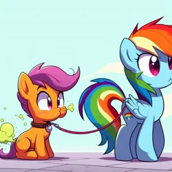 Size: 1024x1024 | Tagged: safe, derpibooru import, machine learning generated, rainbow dash, scootaloo, pegasus, pony, ai content, blushing, chest fluff, collar, fart, female, filly, foal, gassy, generator:dall-e 3, image, jpeg, leash, mare, pet play, prompter:nebbie, wingless