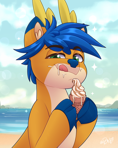 Size: 2400x3000 | Tagged: safe, artist:rivin177, derpibooru import, deer, deer pony, hybrid, original species, beach, bust, cloud, commission, cream, food, hill, holding, hooves, horizon, horn, ice cream, image, ocean, png, portrait, raised hoof, sand, sky, sparkles, tongue out, water, ych example, ych result, your character here