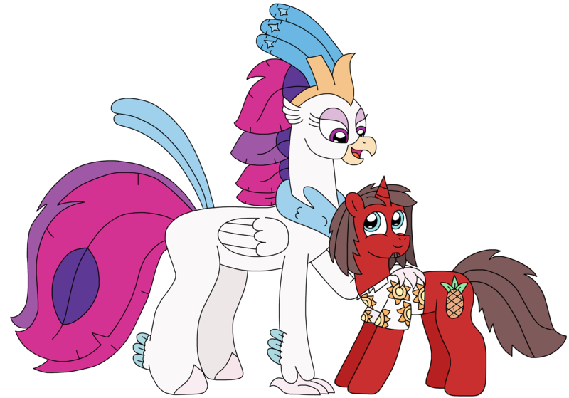 Size: 3176x2218 | Tagged: safe, artist:supahdonarudo, derpibooru import, queen novo, oc, oc:ironyoshi, classical hippogriff, hippogriff, unicorn, my little pony: the movie, clothes, hand on shoulder, image, looking at each other, looking at someone, png, shirt, simple background, transparent background