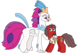 Size: 3176x2218 | Tagged: safe, artist:supahdonarudo, derpibooru import, queen novo, oc, oc:ironyoshi, classical hippogriff, hippogriff, unicorn, my little pony: the movie, clothes, hand on shoulder, image, looking at each other, looking at someone, png, shirt, simple background, transparent background