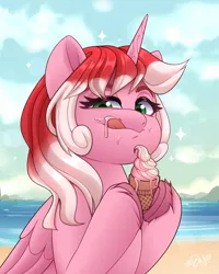 Size: 2400x3000 | Tagged: safe, artist:rivin177, derpibooru import, alicorn, pegasus, unicorn, beach, bust, cloud, commission, cream, food, hill, holding, hooves, horizon, horn, ice cream, image, ocean, png, portrait, raised hoof, sand, sky, sparkles, tongue out, water, ych example, ych result, your character here