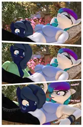 Size: 2005x3067 | Tagged: safe, artist:anthroponiessfm, derpibooru import, oc, oc:aurora starling, oc:midnight music, anthro, earth pony, unicorn, 3d, anthro oc, belly, breasts, comic, duo, duo female, eyes closed, female, glasses, horn, image, png, silly, source filmmaker, text, unicorn oc
