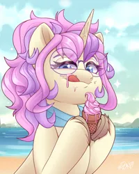 Size: 2400x3000 | Tagged: safe, artist:rivin177, derpibooru import, pony, unicorn, beach, bust, clothes, cloud, commission, cream, food, glasses, hill, holding, hooves, horizon, horn, ice cream, image, ocean, png, portrait, raised hoof, sand, scarf, sky, sparkles, tongue out, water, ych example, ych result, your character here