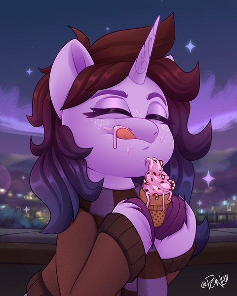 Size: 2400x3000 | Tagged: safe, artist:rivin177, derpibooru import, pony, unicorn, bust, clothes, cloud, commission, cream, food, hill, holding, hooves, horizon, horn, ice cream, image, night, png, portrait, raised hoof, sand, scarf, sky, sparkles, sweater, tongue out, water, ych example, ych result, your character here