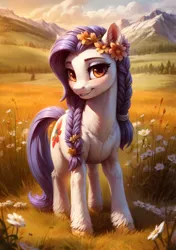 Size: 1536x2176 | Tagged: safe, derpibooru import, machine learning generated, oc, unofficial characters only, earth pony, pony, ai content, braid, flower, flower in hair, image, jpeg, meadow, mountain, solo