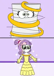 Size: 928x1312 | Tagged: safe, artist:alonso1711, derpibooru import, sweetie belle, human, equestria girls, alternate hairstyle, beauty and the beast, belle, clothes, dress, evening gloves, female, gloves, gown, image, long gloves, namesake, png, pun, solo, solo female, sparkles, surprised, transformation, transforming clothes, visual pun