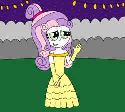 Size: 1226x1096 | Tagged: safe, artist:alonso1711, derpibooru import, sweetie belle, human, equestria girls, alternate hairstyle, beauty and the beast, belle, clothes, dress, evening gloves, female, gloves, gown, grin, image, lights, long gloves, namesake, night, png, pun, shy, shy smile, smiling, solo, solo female, starry night, visual pun, waving