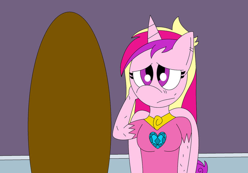 Size: 1280x894 | Tagged: safe, artist:alonso1711, derpibooru import, princess cadance, anthro, a canterlot wedding, bruised, clothes, dirty, female, image, jpeg, mirror, sad, solo, solo female, torn clothes