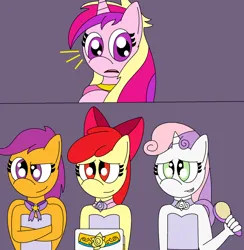 Size: 1280x1313 | Tagged: safe, artist:alonso1711, derpibooru import, apple bloom, princess cadance, scootaloo, sweetie belle, anthro, a canterlot wedding, apple bloom's bow, bow, brush, clothes, crossed arms, cutie mark crusaders, dress, female, flower girl, flower girl dress, grin, hair bow, hairbrush, image, jpeg, smiling, surprised, wedding dress